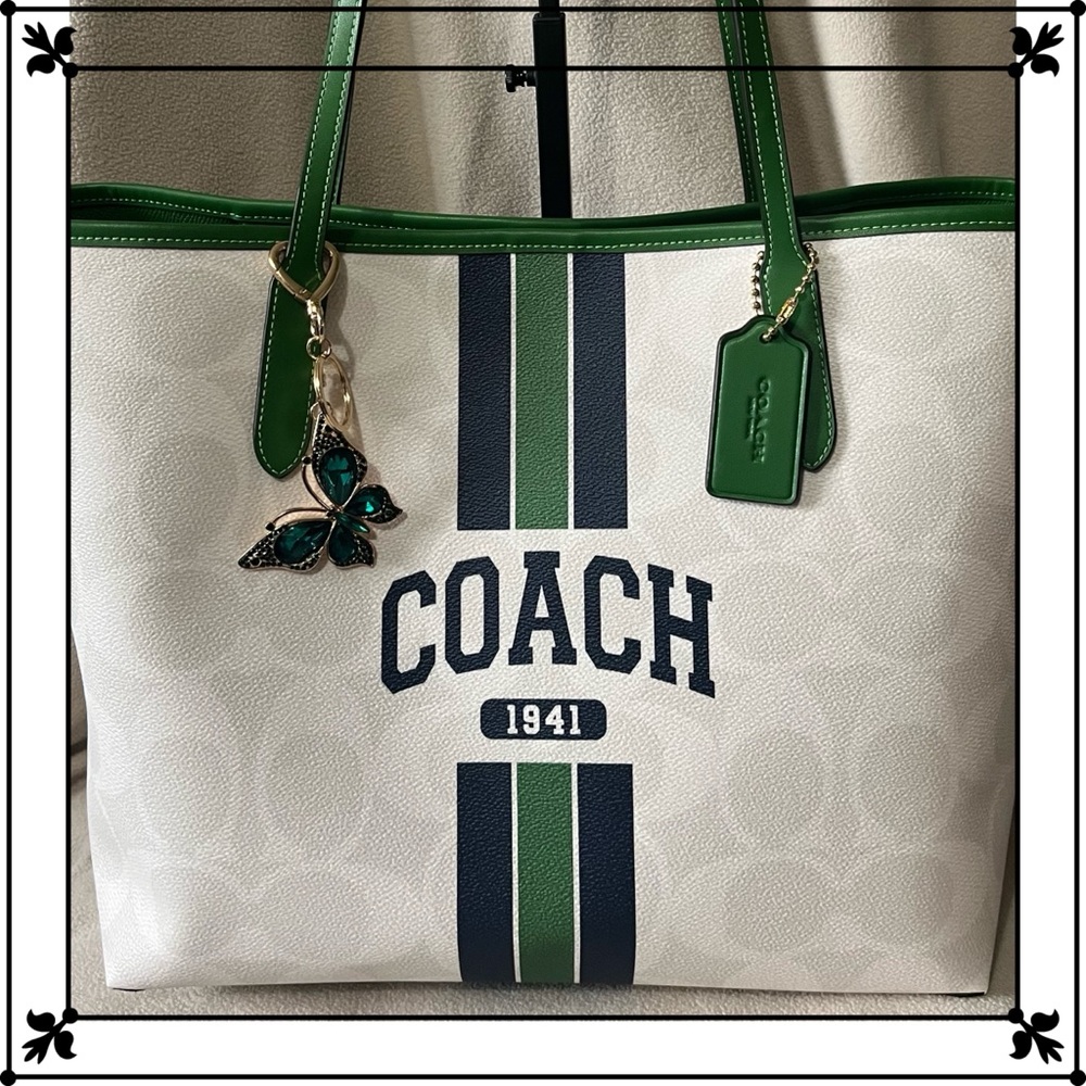 Coach City Tote Bag in Signature Canvas Graphic/Green /Navy Stripes / White NWT